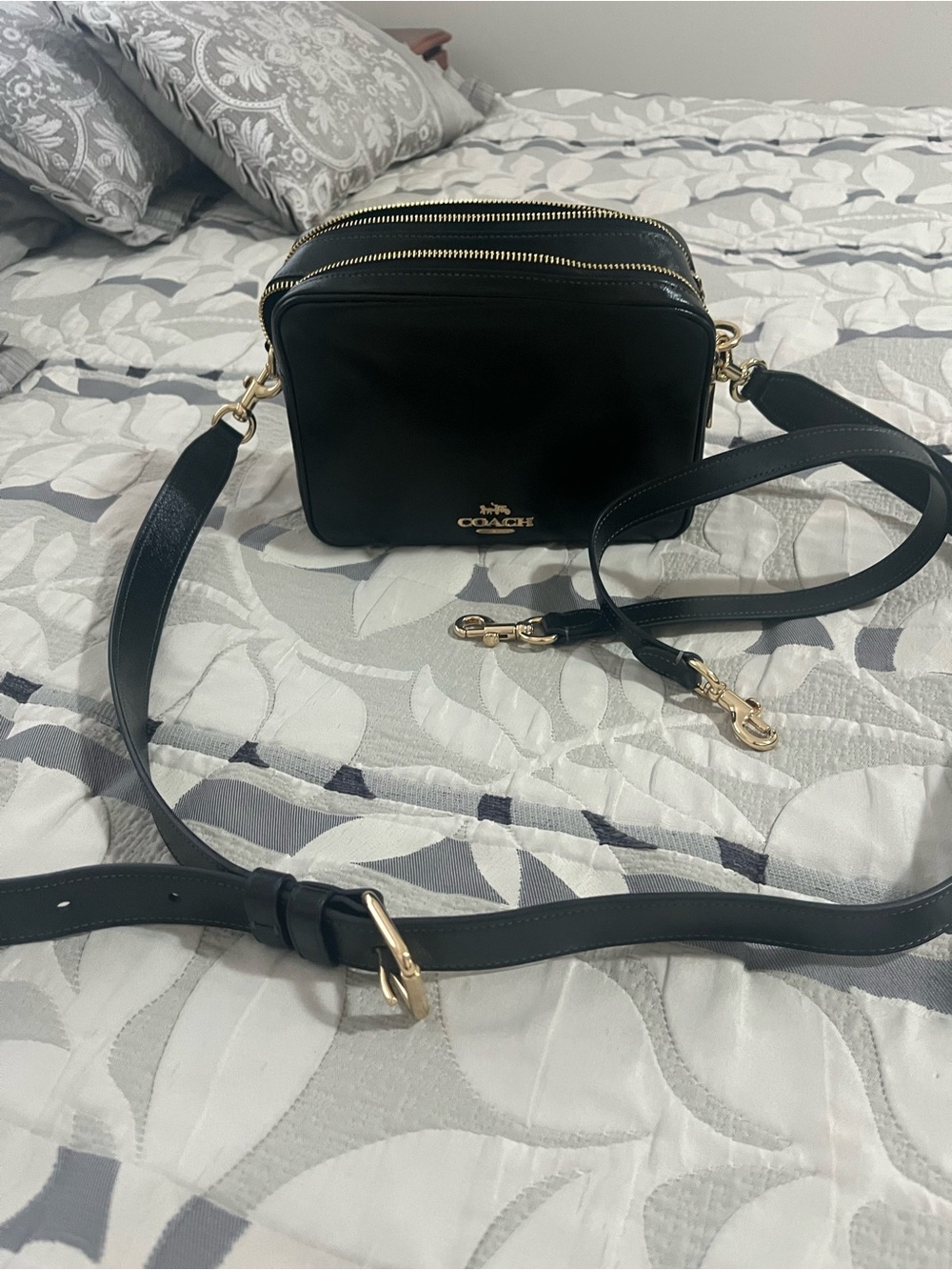Coach Black Leather Double-Zip Camera Crossbody with Gold Hardware